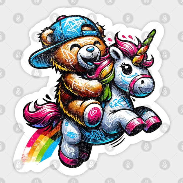 Grunge Graffiti Teddy Bear on Unicorn Sticker by Yesteeyear